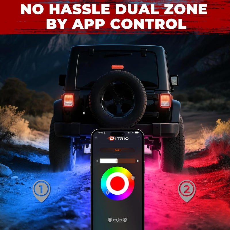 DITRIO 8 Pods Metal Aluminum RGB Rock Lights for Trucks Jeep UTV SUV ATV Golf Cart, Multi Chasing Color App/Remote Control Led Rock Lights with Music Mode, Waterproof Exterior Underglow Kits for Cars - Image 4